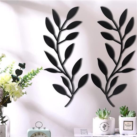 2 Pieces Metal Tree Leaf Wall Decor Vine Olive Branch Leaf Wall Art (Black) - Picture 5 of 6